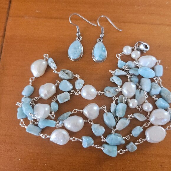New Larimar/Pearl and Earring Set - Picture 3 of 4